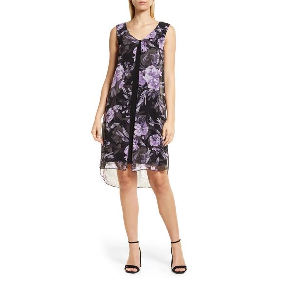 CONNECTED APPAREL Women's Grape Floral-Print Sleeveless Chiffon Overlay Dress - Picture 13 of 14